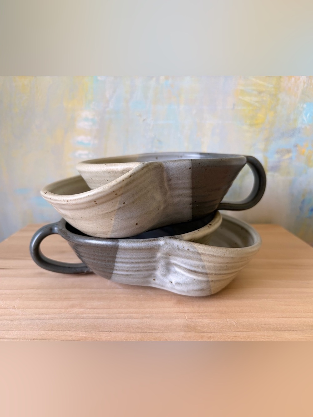 Artisan Two-Tone Beige and Gray Ceramic Soup Bowls with Handles
